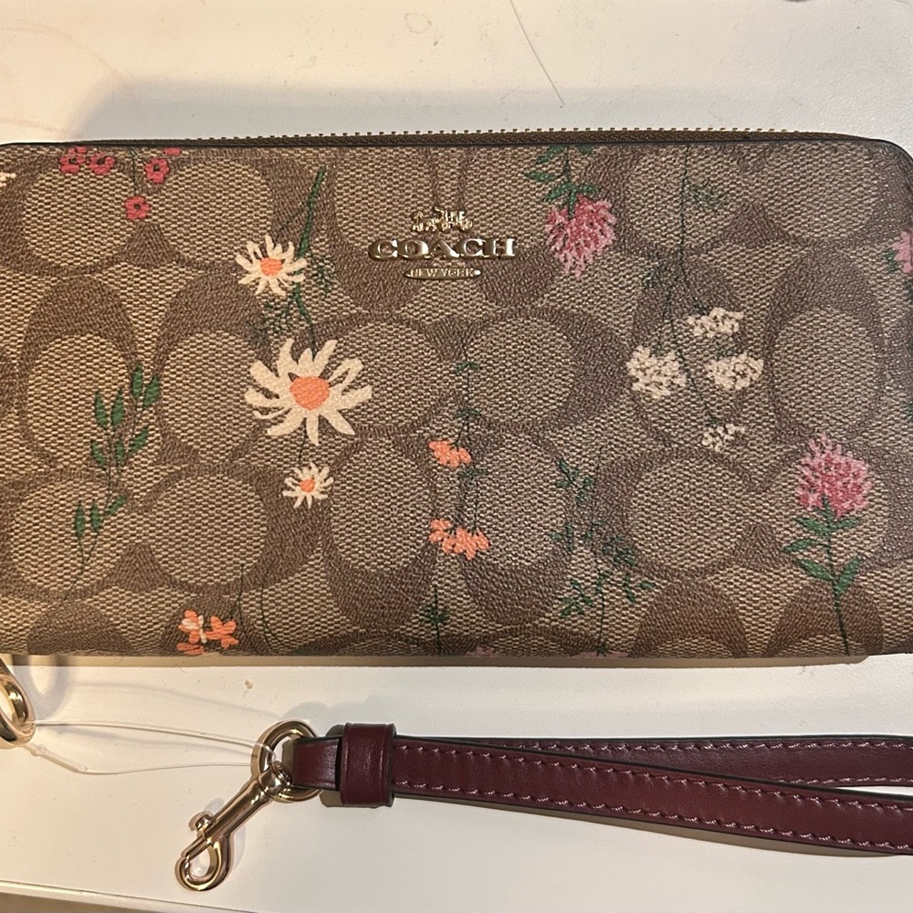 Coach (Brand New) Brown Floral Signature Zip Wallet Wristlet with Burgundy Strap